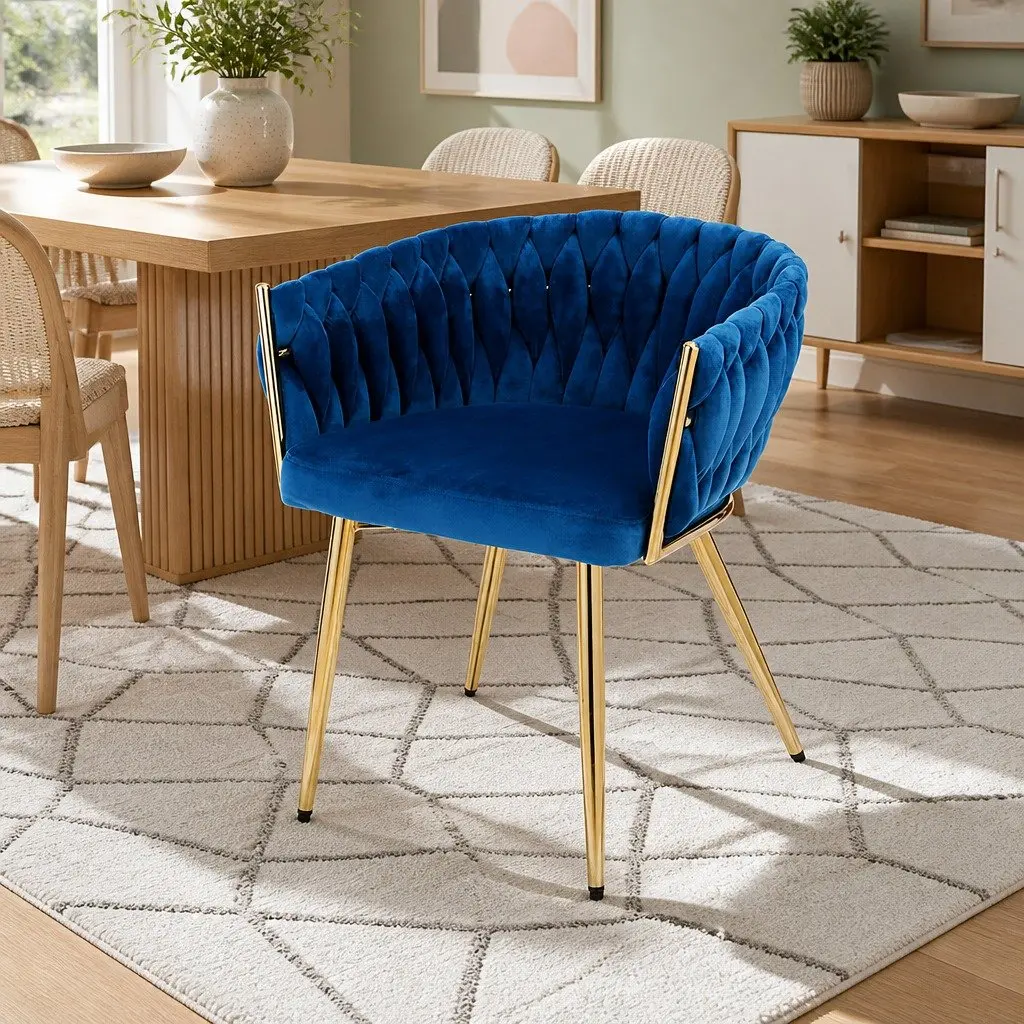 Dining Armchair Velvet Upholstered Hand-Woven Backrest Lounge Accent Chair