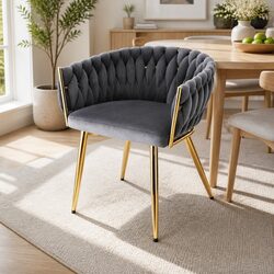 Grey Velvet Dining Chair with Armrests and Steel Legs