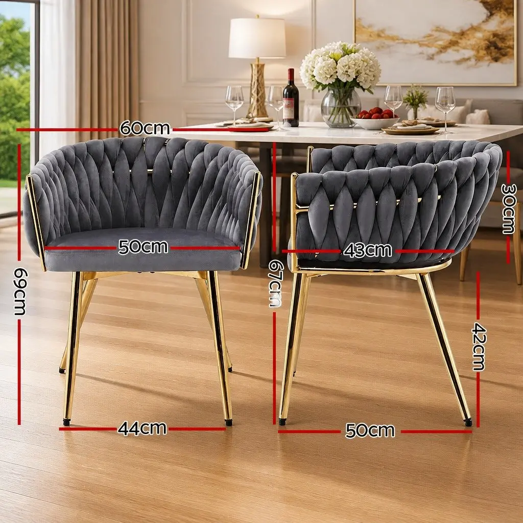 Dining Chairs Velvet Cushioned Back Support Armchair Steel Legs 2 Piece Grey