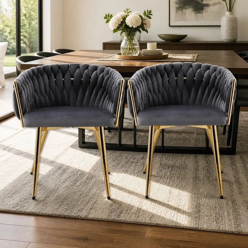 Dining Chairs Velvet Cushioned Back Support Armchair Steel Legs 2 Piece Grey