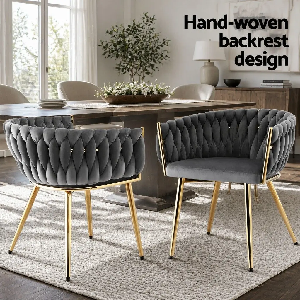 Dining Chairs Velvet Cushioned Back Support Armchair Steel Legs 2 Piece Grey