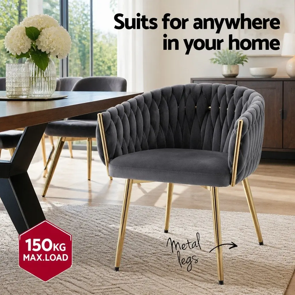 Dining Chairs Velvet Cushioned Back Support Armchair Steel Legs 2 Piece Grey