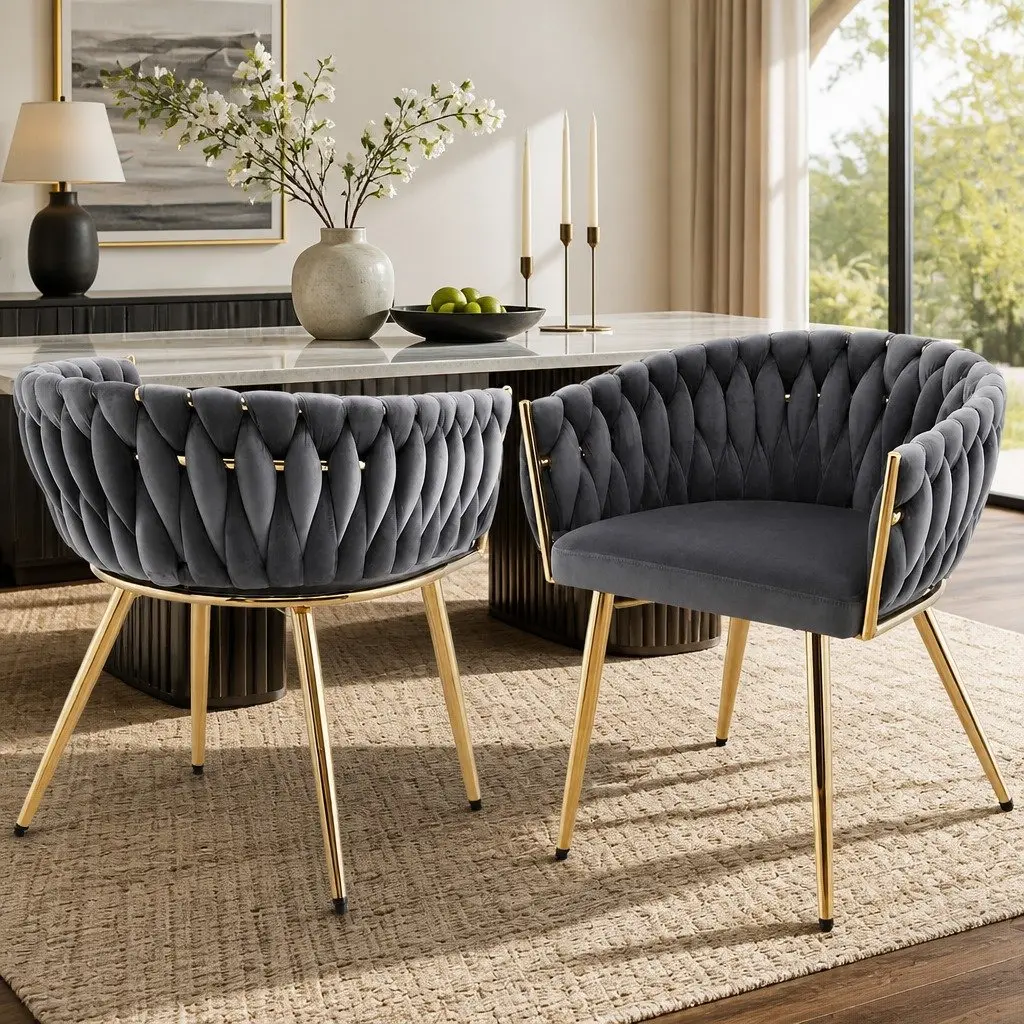 Dining Chairs Velvet Cushioned Back Support Armchair Steel Legs 2 Piece Grey