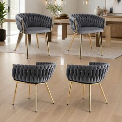 4 Grey Velvet Dining Chairs with Metal Legs