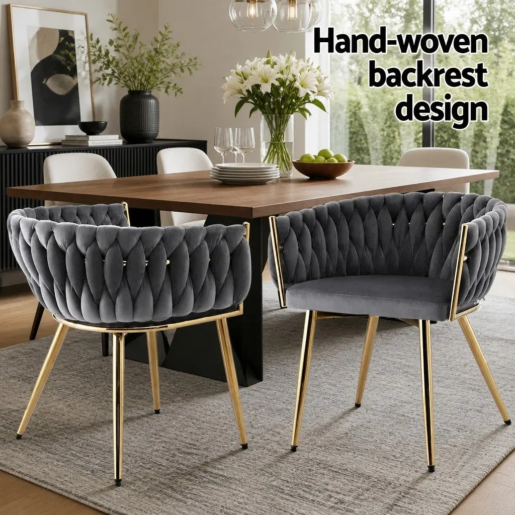 Dining Chairs Set of 4 Grey Velvet Armchair Kitchen Seat with Steel Legs