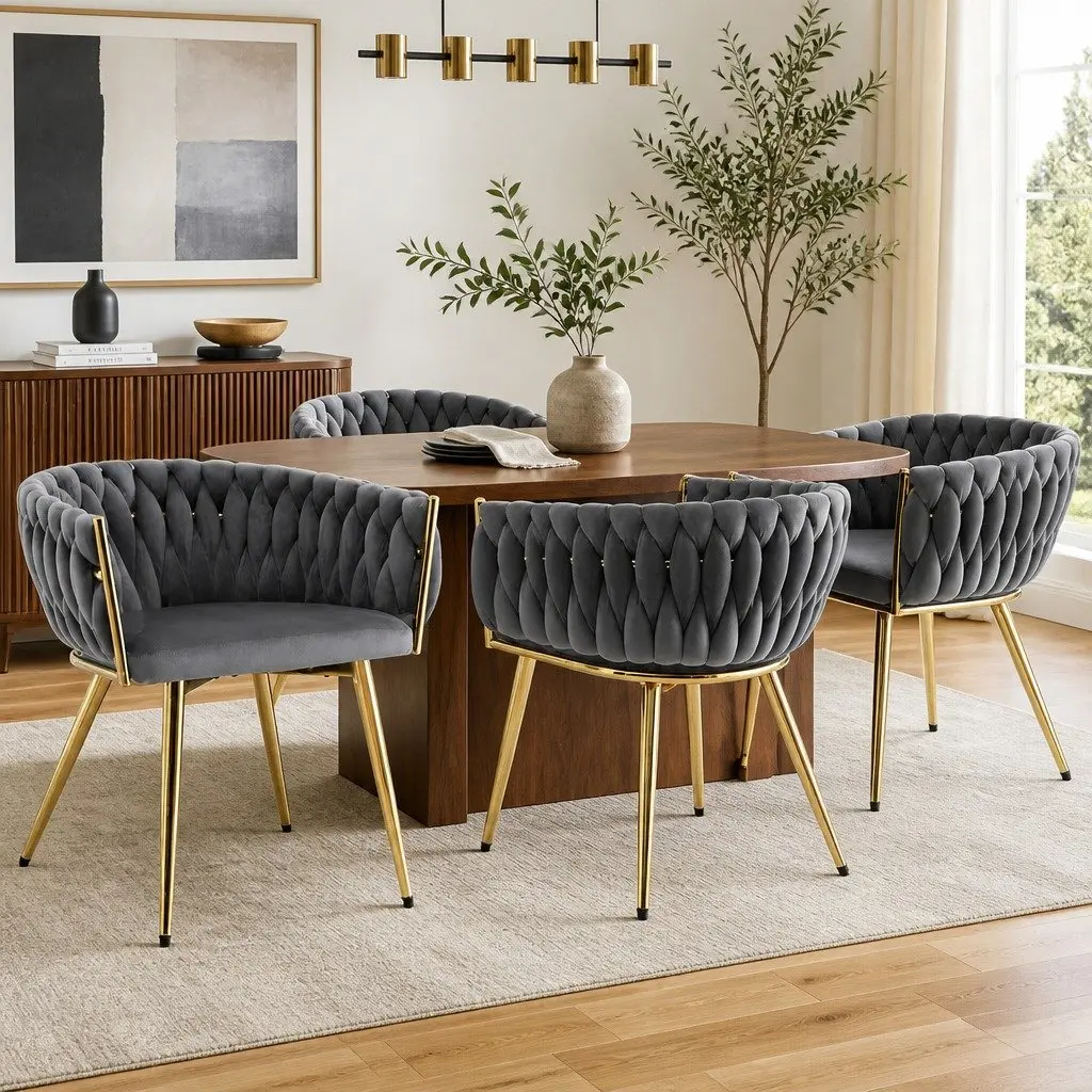 Dining Chairs Set of 4 Grey Velvet Armchair Kitchen Seat with Steel Legs
