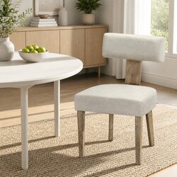Beige Linen Fabric Dining Chairs Set of 2 with Wood Frame