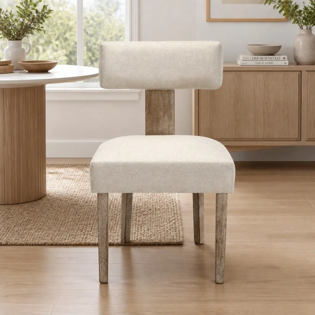 Dining Chairs Padded Seat Beige Linen Fabric Wooden Frame Set of 2