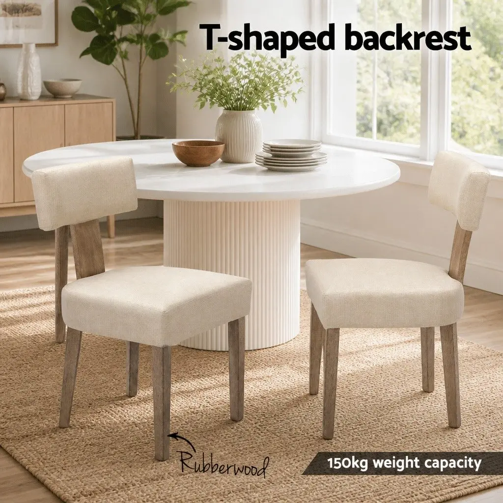 Dining Chairs Padded Seat Beige Linen Fabric Wooden Frame Set of 2