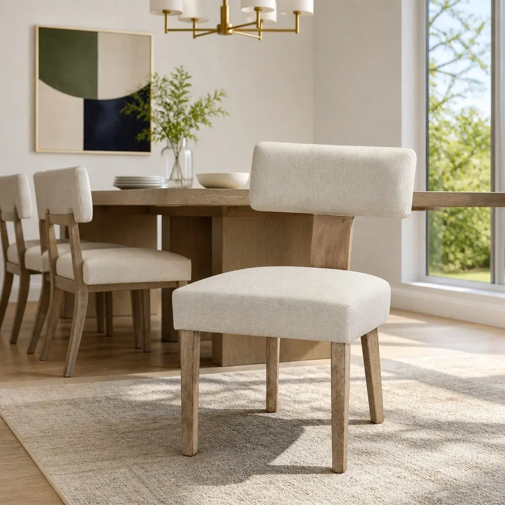 Dining Chairs Set of 4 Beige Linen Fabric Wooden Frame Kitchen Furniture