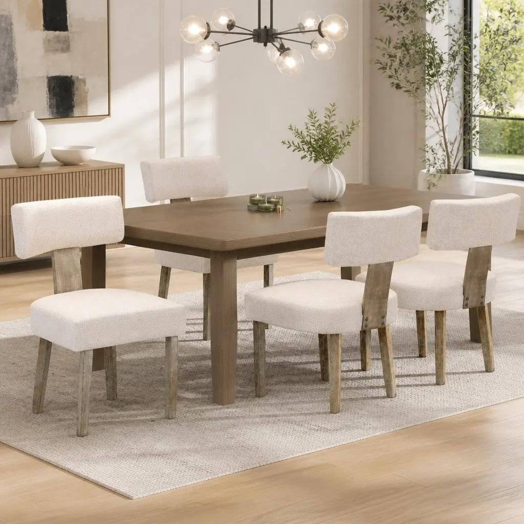 Dining Chairs Set of 4 Beige Linen Fabric Wooden Frame Kitchen Furniture