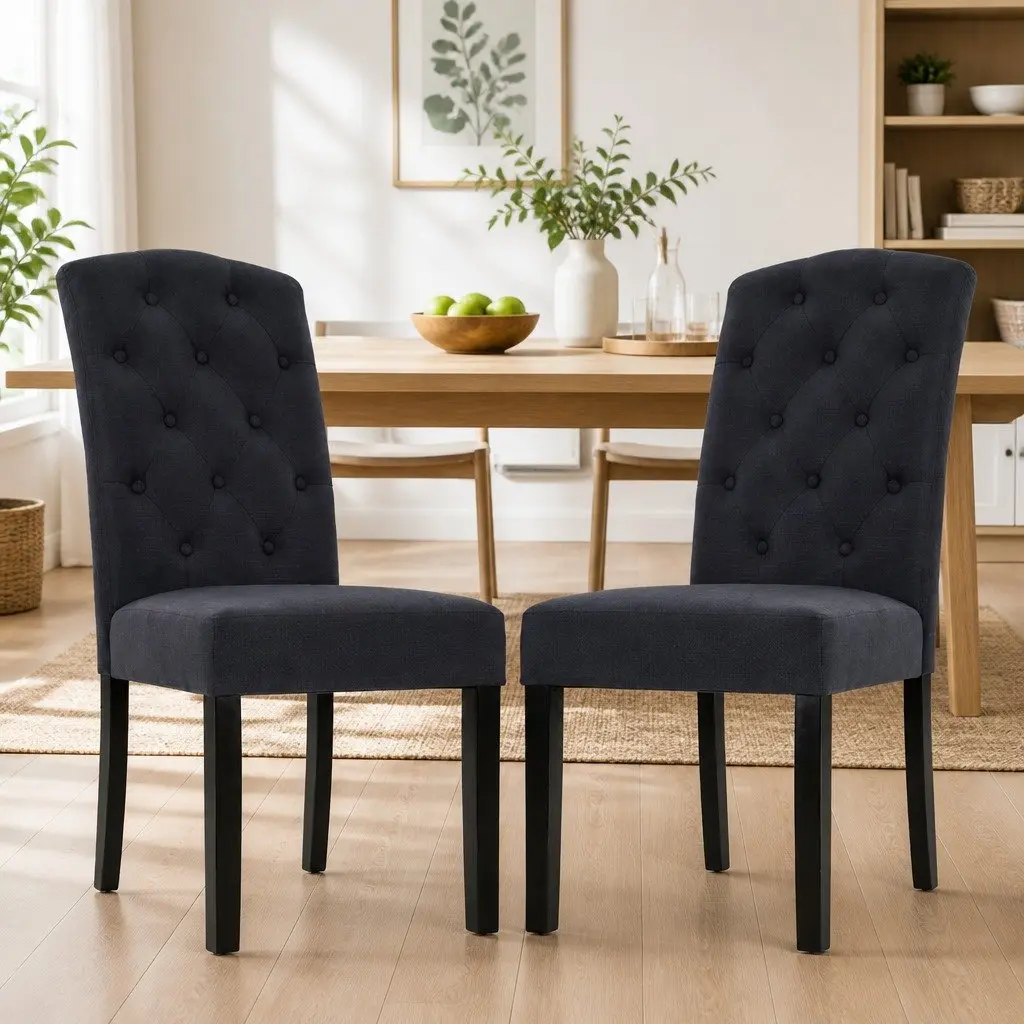 Dining Chairs Set of 2 Linen Parsons Dark Grey Tufted Button Design