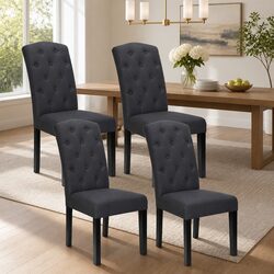 Dining Chairs Set of 4 in Dark Grey Linen Fabric
