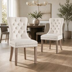 Beige Velvet Dining Chairs with Rivet Edges - Set of 2