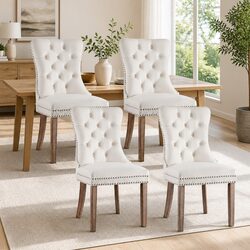 Beige Velvet Dining Chairs Set of 4 with Rivet Detailing