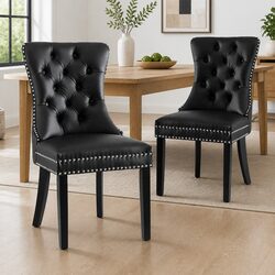 Dining Chairs Set of 2 with Black PU Leather Upholstery