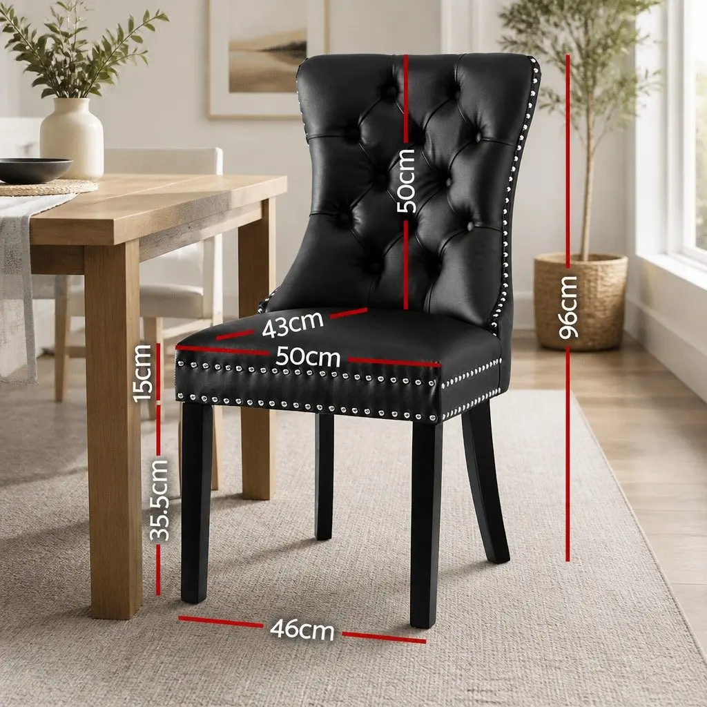 Dining Chairs Set of 2 Black Leather Button Tufted Kitchen Seating Furniture