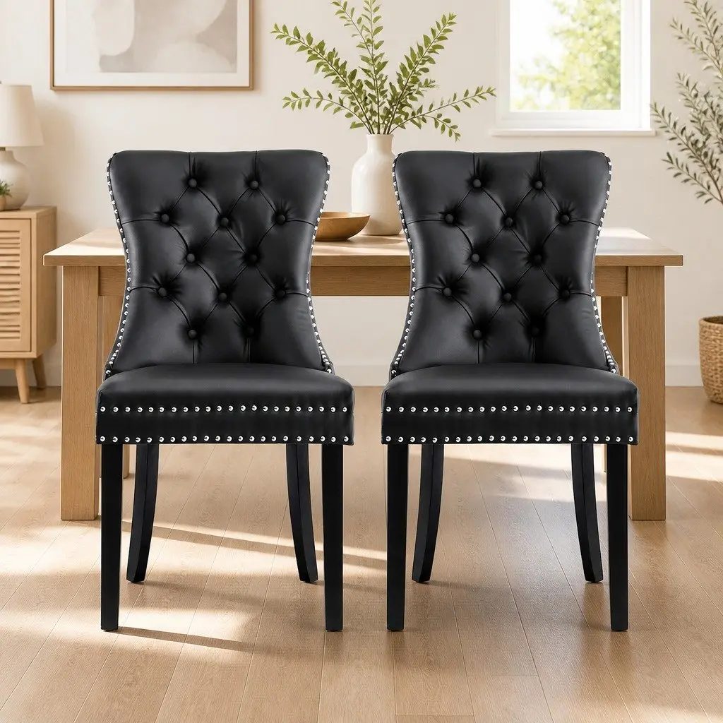 Dining Chairs Set of 2 Black Leather Button Tufted Kitchen Seating Furniture
