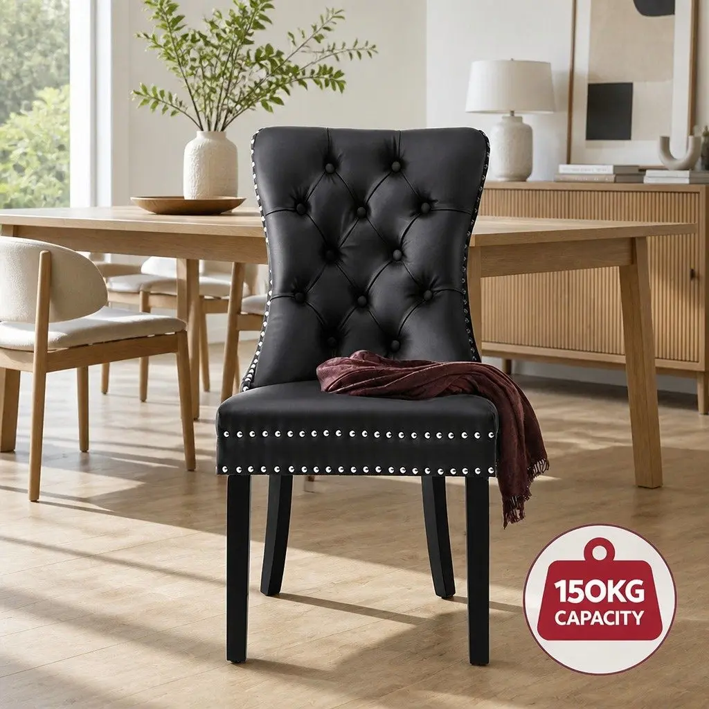 Dining Chairs Set of 2 Black Leather Button Tufted Kitchen Seating Furniture