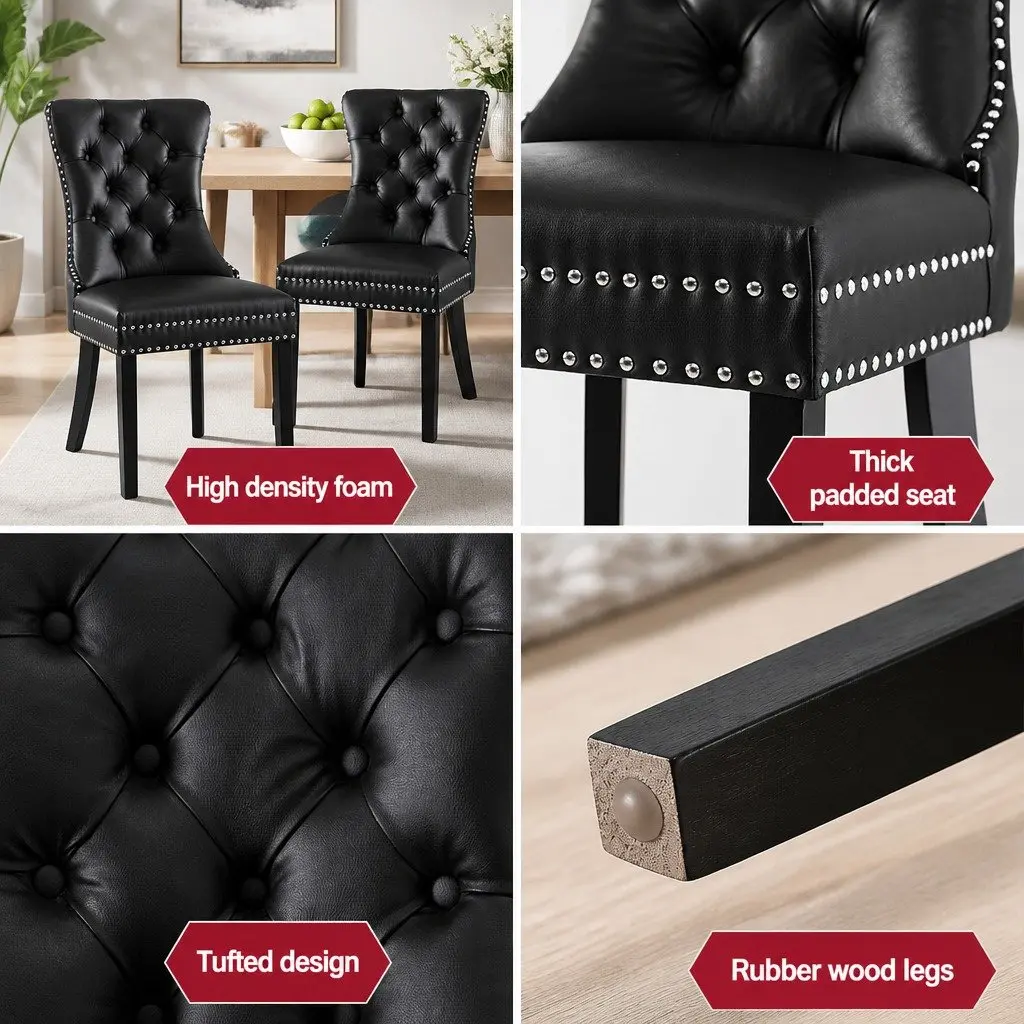 Dining Chairs Set of 2 Black Leather Button Tufted Kitchen Seating Furniture
