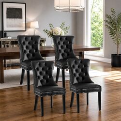 4 Black PU Leather Dining Chairs with Tufted Backs