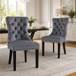 Dining Chairs Set of 2 in Grey Velvet with Tufted Backrest