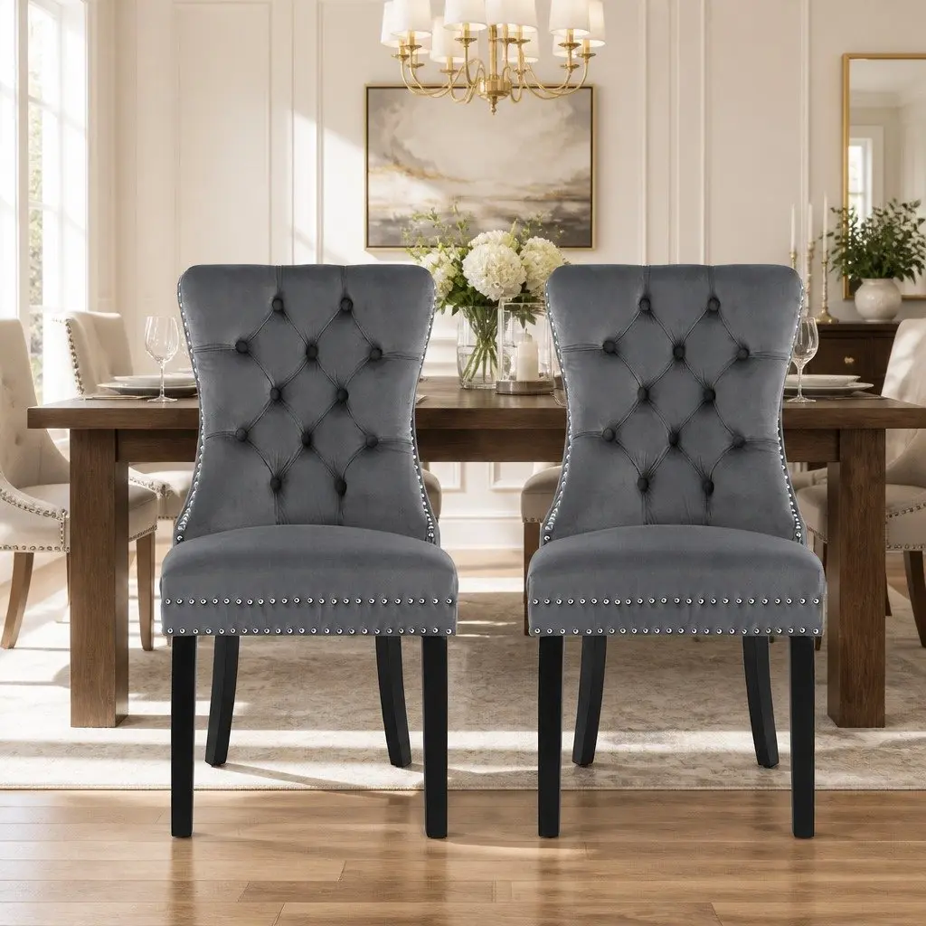 Dining Chairs Set of 2 Grey Velvet Button Tufted Upholstered Kitchen Seating