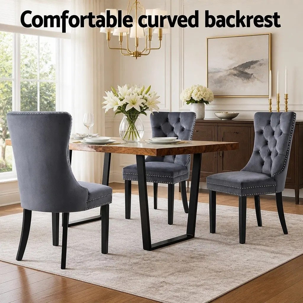 Dining Chairs Set of 2 Grey Velvet Button Tufted Upholstered Kitchen Seating