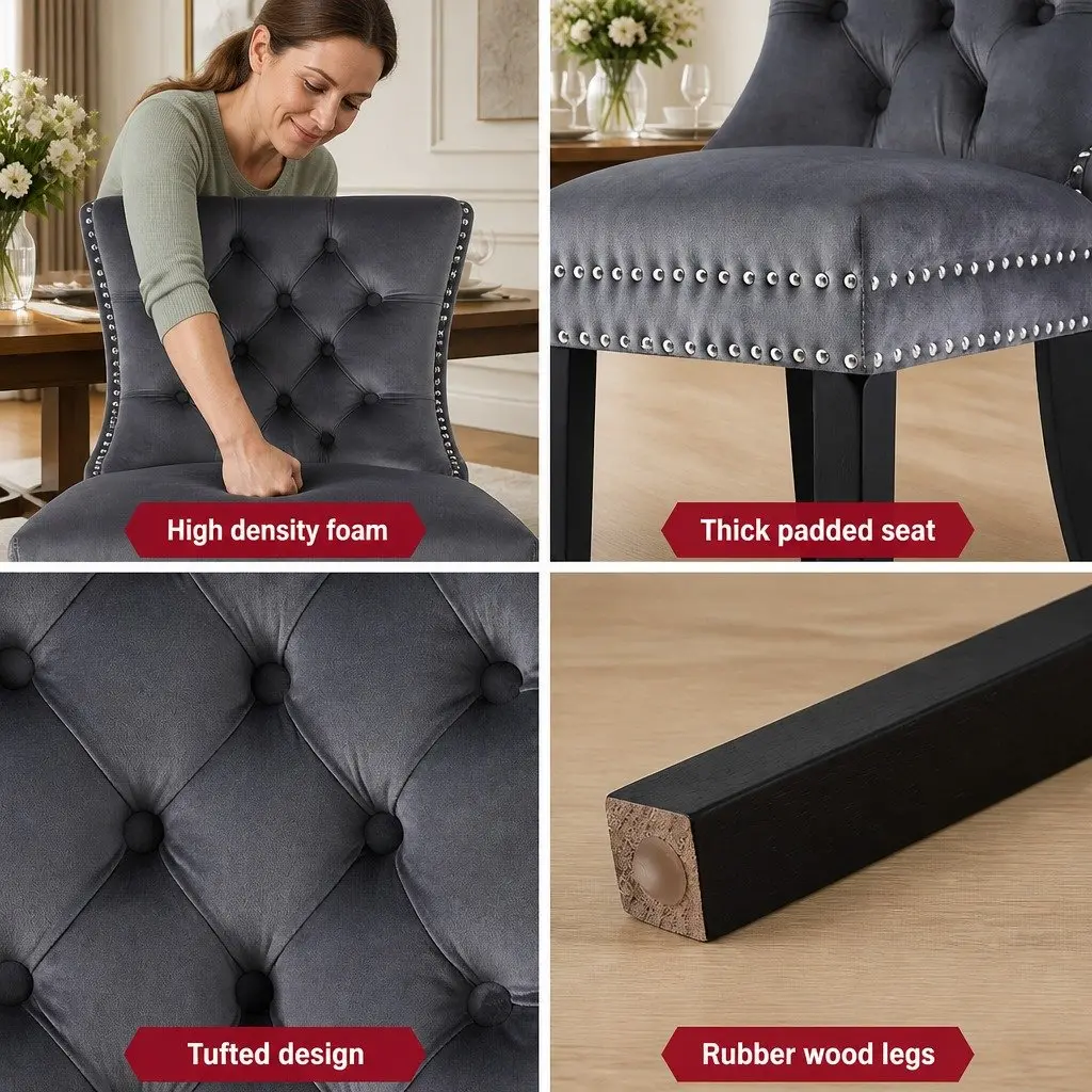 Dining Chairs Set of 2 Grey Velvet Button Tufted Upholstered Kitchen Seating