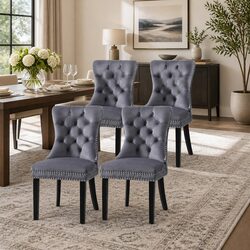 Dining Chairs Set of 4 in Grey Velvet with Button Tufting