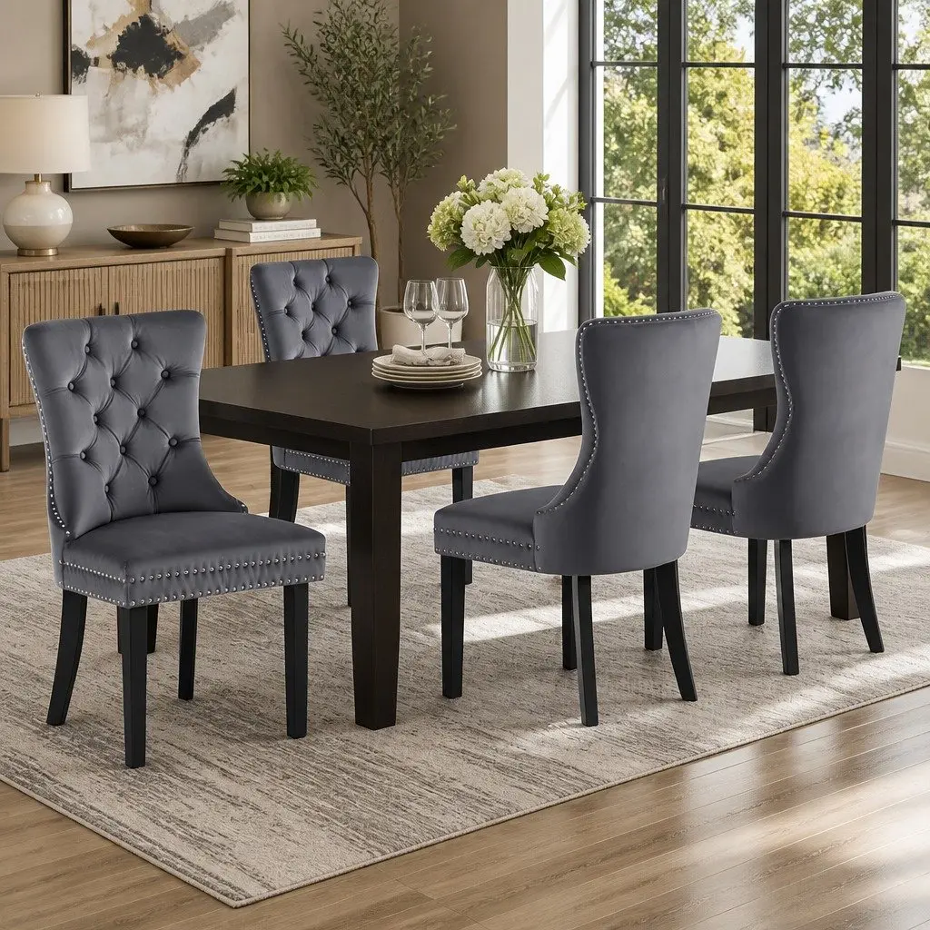 Dining Chairs Set of 4 Grey Velvet Button Tufted Kitchen Seat Furniture