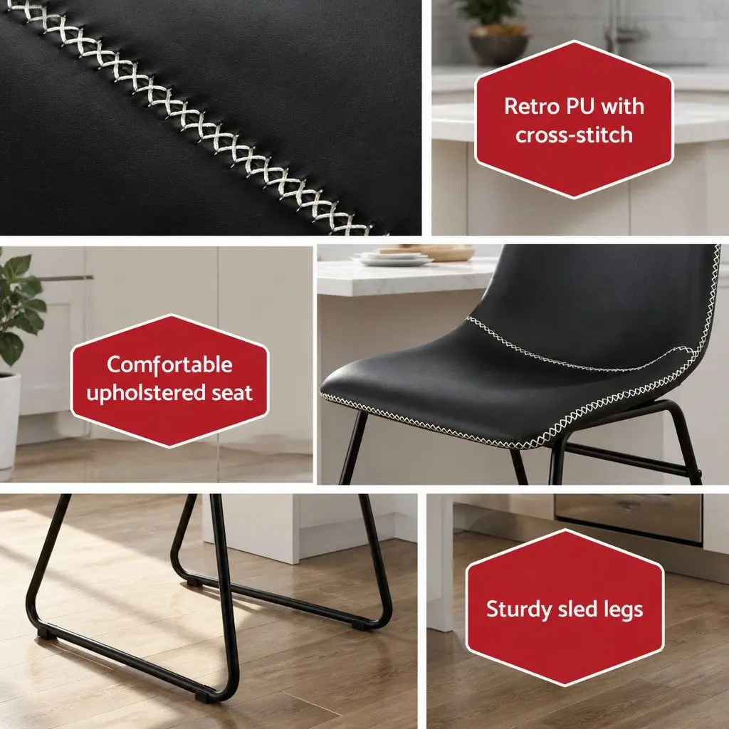 Dining Chairs Black Retro Kitchen Lounge Accent Seats Curved Backrest Padded x2