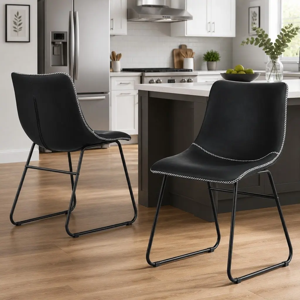 Dining Chairs Black Retro Kitchen Lounge Accent Seats Curved Backrest Padded x2