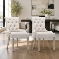 French Provincial Dining Chairs in Beige Linen - Set of 2