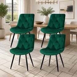 4 Dining Chairs in Green Velvet with Steel Legs