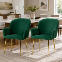 Set of 2 Green Velvet Dining Armchairs with Steel Legs