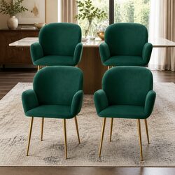 Four Green Velvet Armchairs with Steel Legs