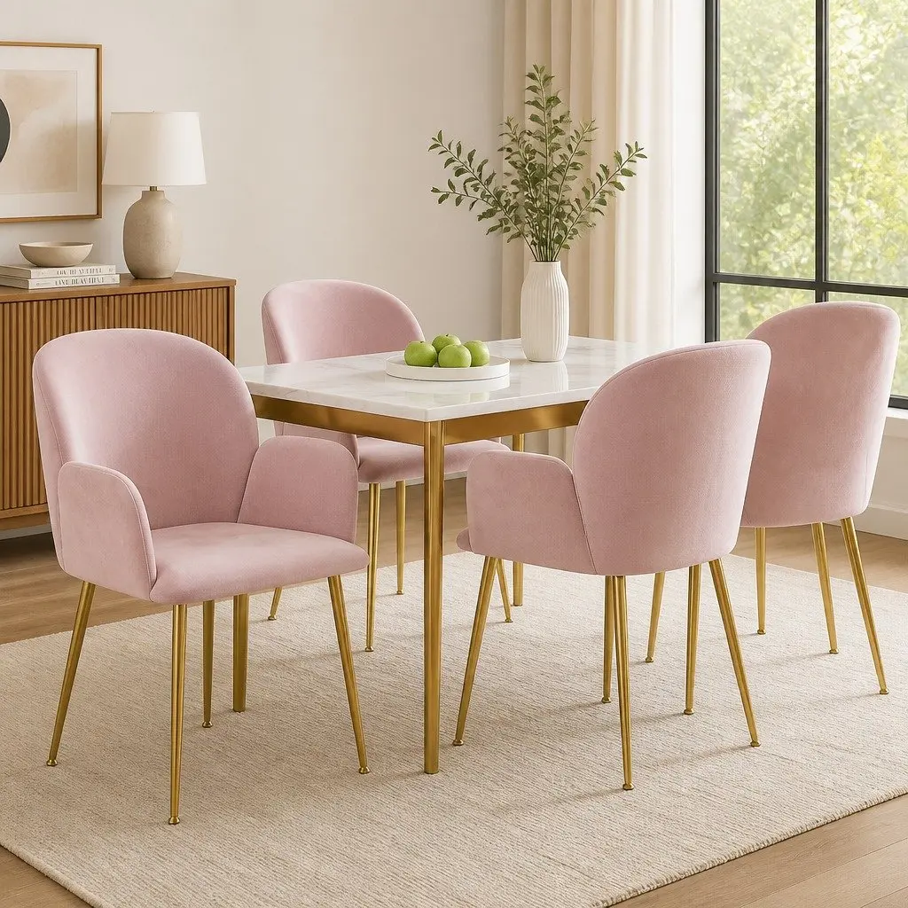 Dining Chairs Velvet Cushioned Back Support Set of 4 Pink