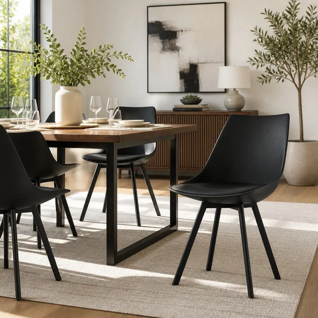 Dining Chairs Cushioned Seat Back Support 2 Piece Black Steel Legs Modern