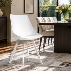 Two White Dining Chairs with Cushioned Back and Steel Legs