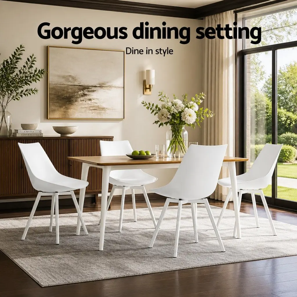 Dining Chairs Cushioned Back Support 2 Piece White Plastic Steel Legs Modern