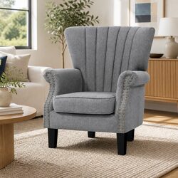 Faux Linen Grey Wingback Armchair with Waterfall Design