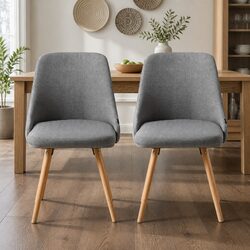 Grey Fabric Dining Chairs Set of 2 with Wooden Frame