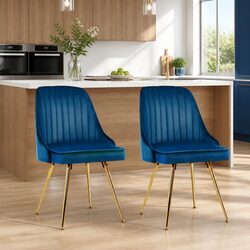 Dining Chairs Set of 2 in Blue Velvet with Metal Legs