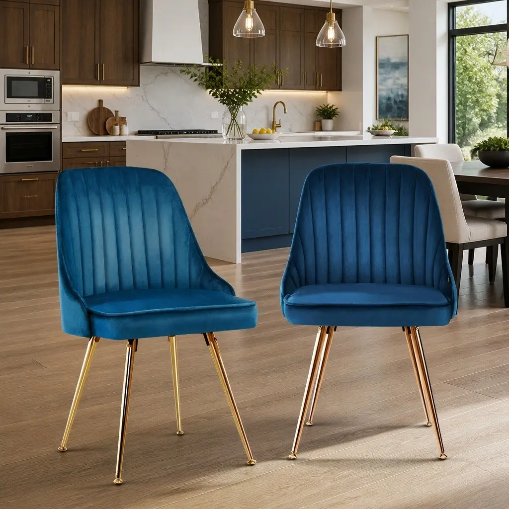 Dining Chairs Set of 2 Blue Velvet Channel Tufted with Metal Legs