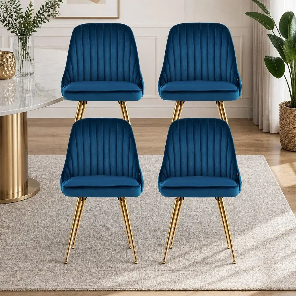 Dining Chairs Set of 4 Velvet Channel Tufted Blue Scallop Shell Back