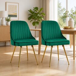 2-Piece Set of Green Velvet Dining Chairs with Metal Legs