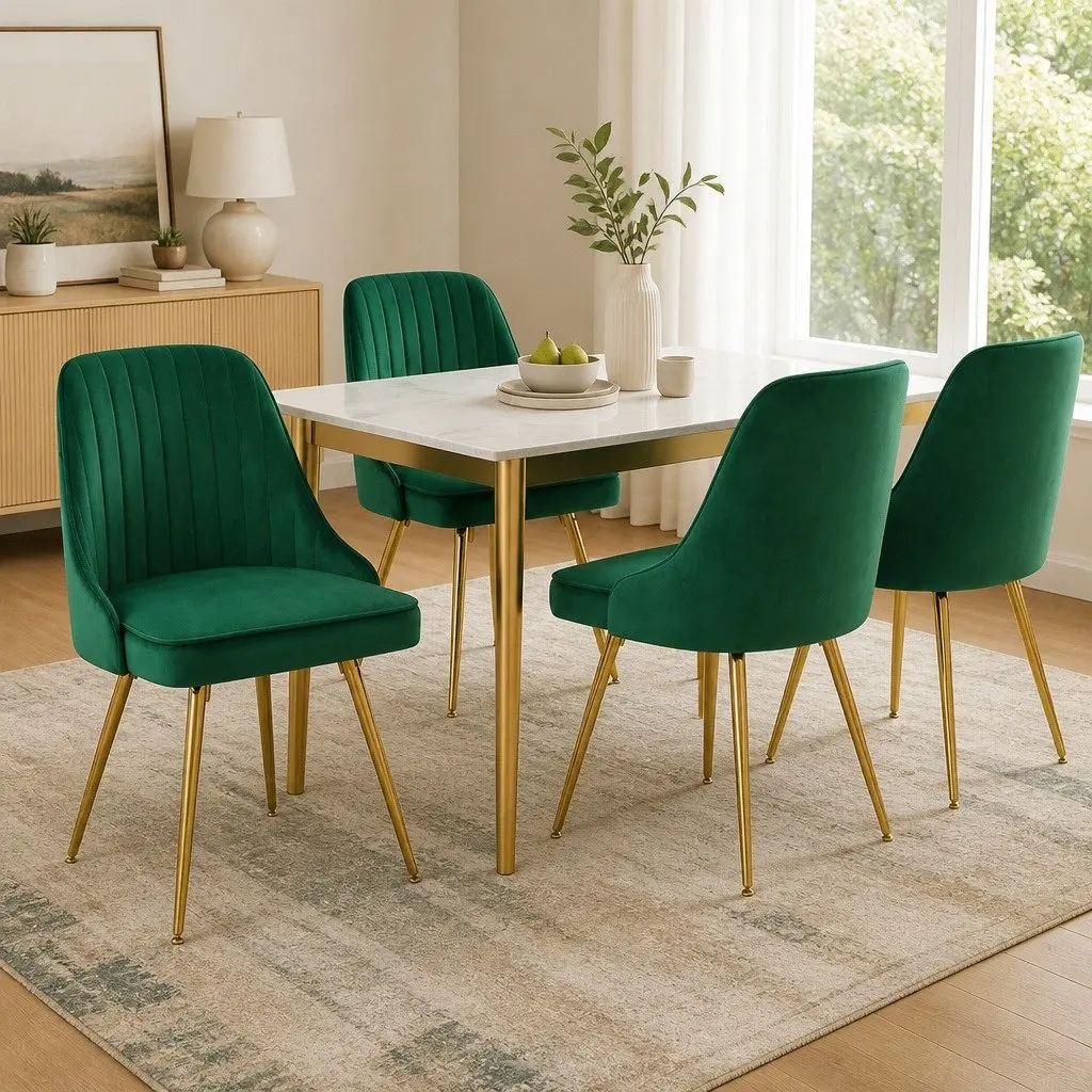 Dining Chairs Velvet Channel Tufted Comfort Green Scallop Shell Back 4 Piece Metal Legs