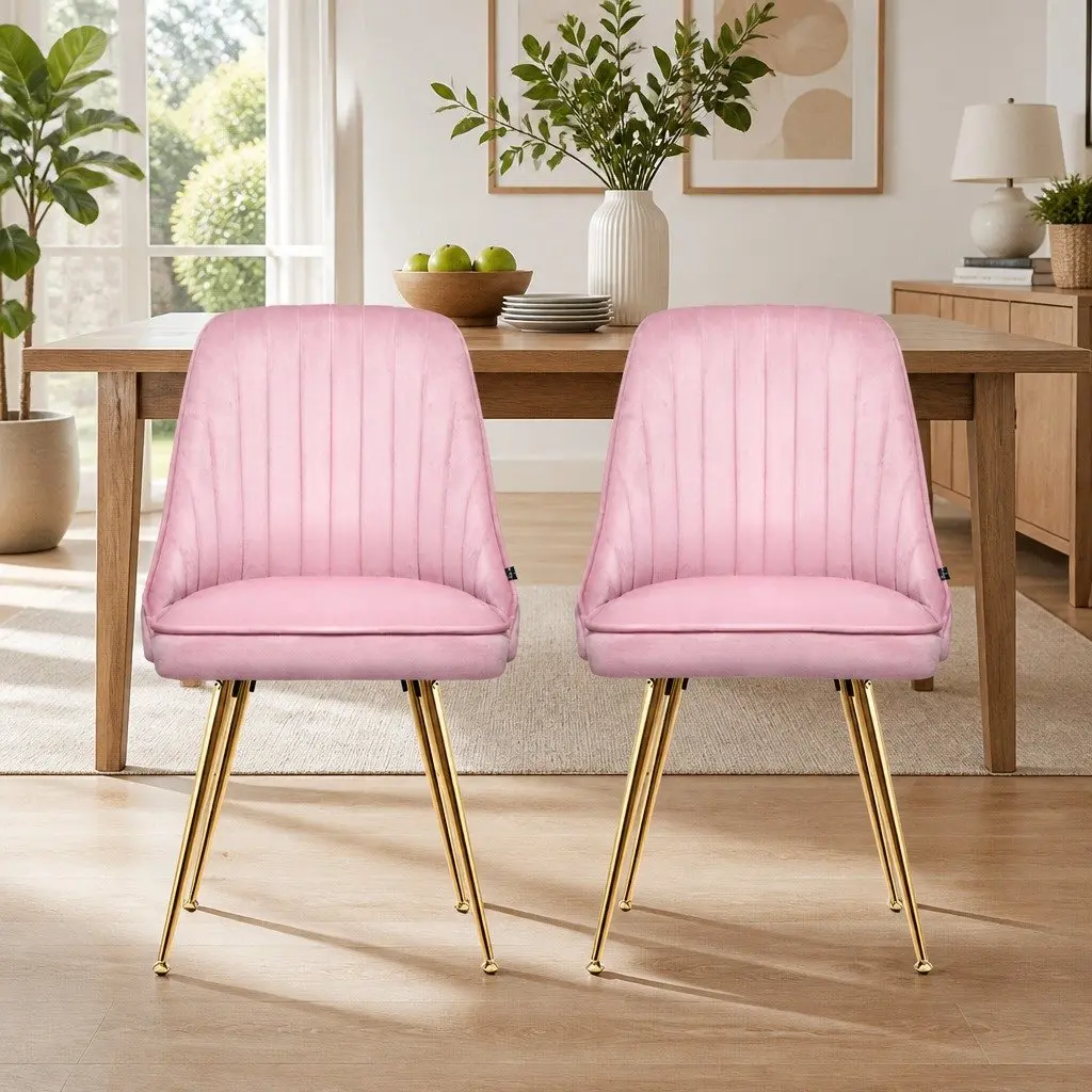 Dining Chairs Set of 2 Pink Velvet Channel Tufted Scallop Shell Back Design