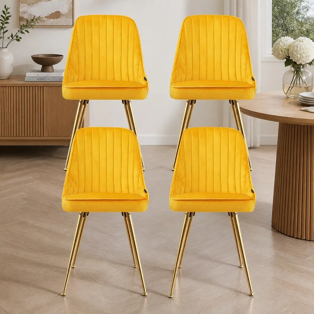 Dining Chairs Comfort Velvet Yellow 4 Piece Channel Tufted Scallop Shell Back